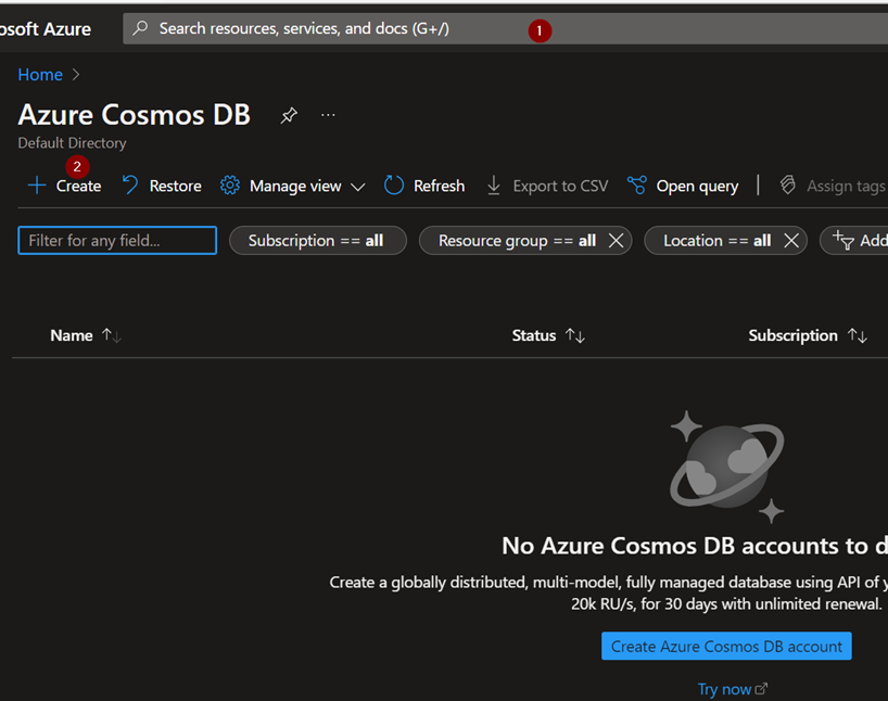Creating Azure Cosmos DB resources from the Azure portal